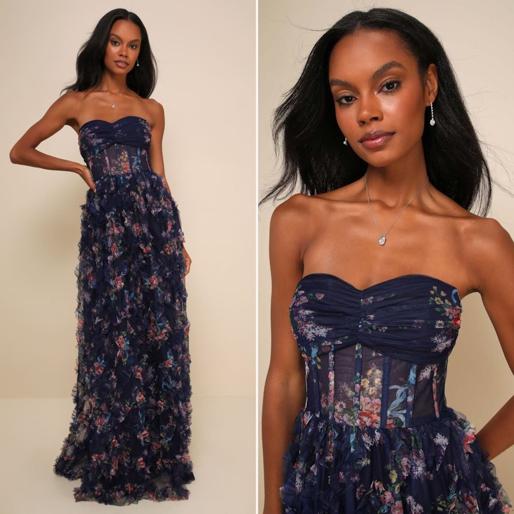NWOT | Lulus | Stunning Element Navy Floral Mesh Ruffled Strapless Maxi Dress